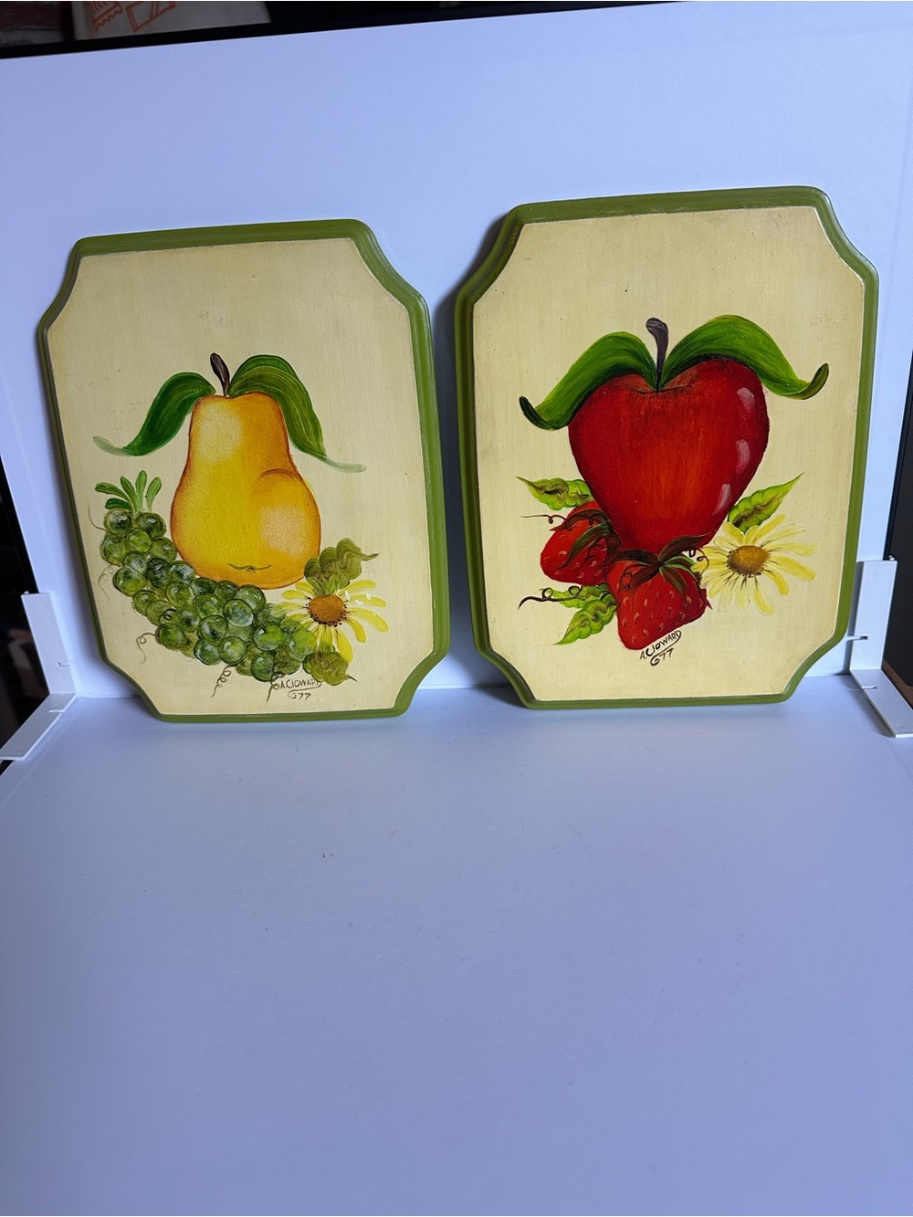 1970s Hand-Painted Fruit Wall Art Panels - Red Apple & Yellow Pear